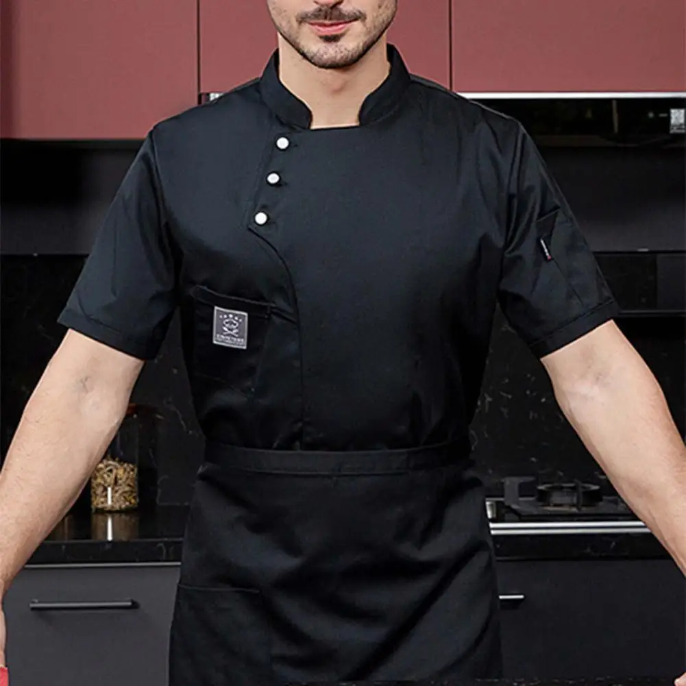 

Chef Top Short Sleeves Solid Color Pocket Buckle Unisex Catering Work Clothes Bakery Restaurant Chef Uniform Canteen Clothes
