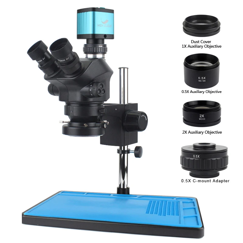 

Тринокулярный стереомикроскоп с 7X 50X зумом, набор с 2K 4K 48MP 55MP HDMI USB видеокамерой и дополнительный объектив 1X 0.5X 2X
