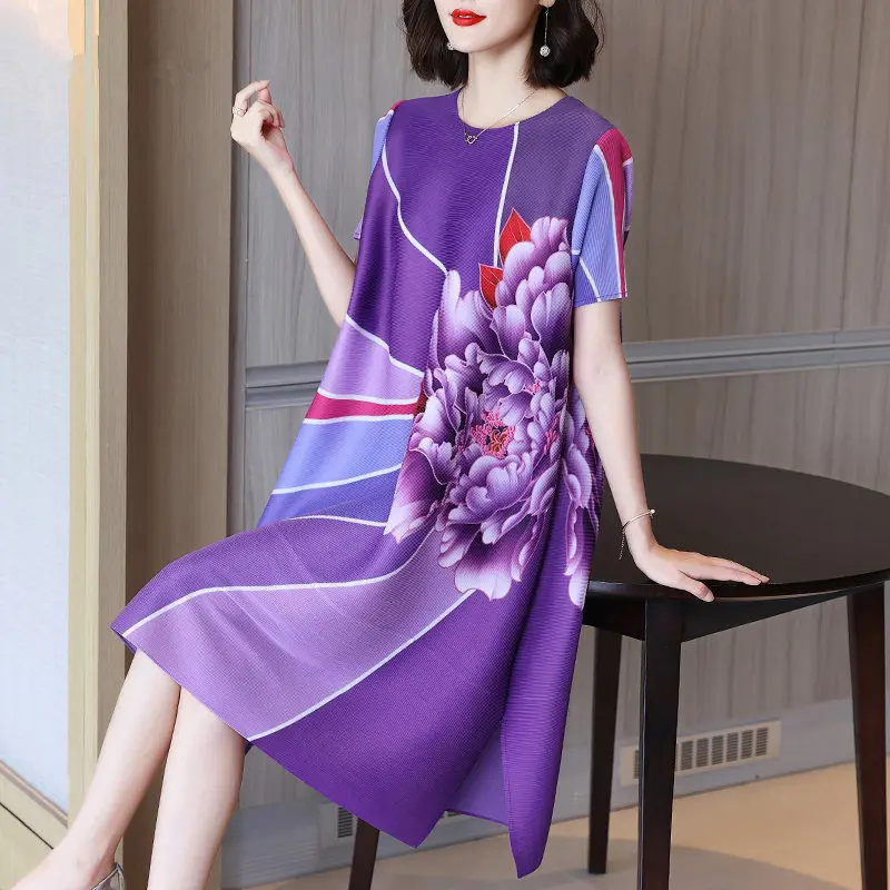 

Summer-quality middle-aged mother skirt loose summer dress nobles a large lady fashion pleated short-sleeved print dress