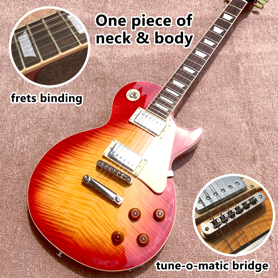 

One piece of neck & body electric guitar, Frets binding, Tune-o-Matic bridge, Cherry burst maple top, Free shipping