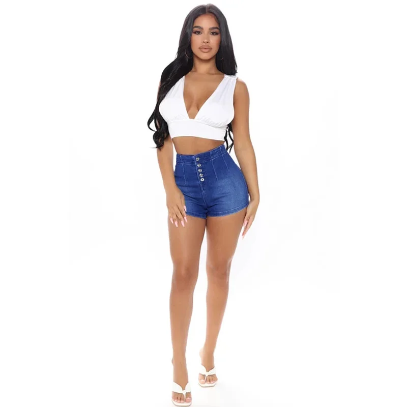 

Women's Denim Button High Elastic Denim Shorts Blue S-XXL
