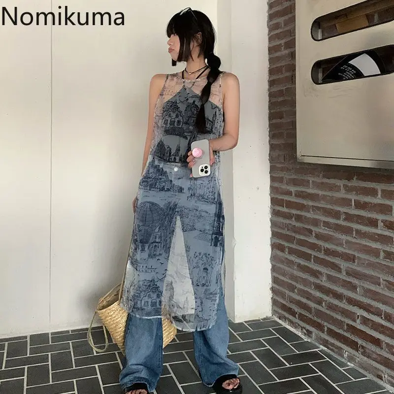 Женская модная пикантная газовая блузка Длинные рубашки без рукавов с принтом Y2k