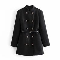 2021 fall new fashion womens double breasted stand up collar woolen long sleeve jacket korean style thin belt black top women