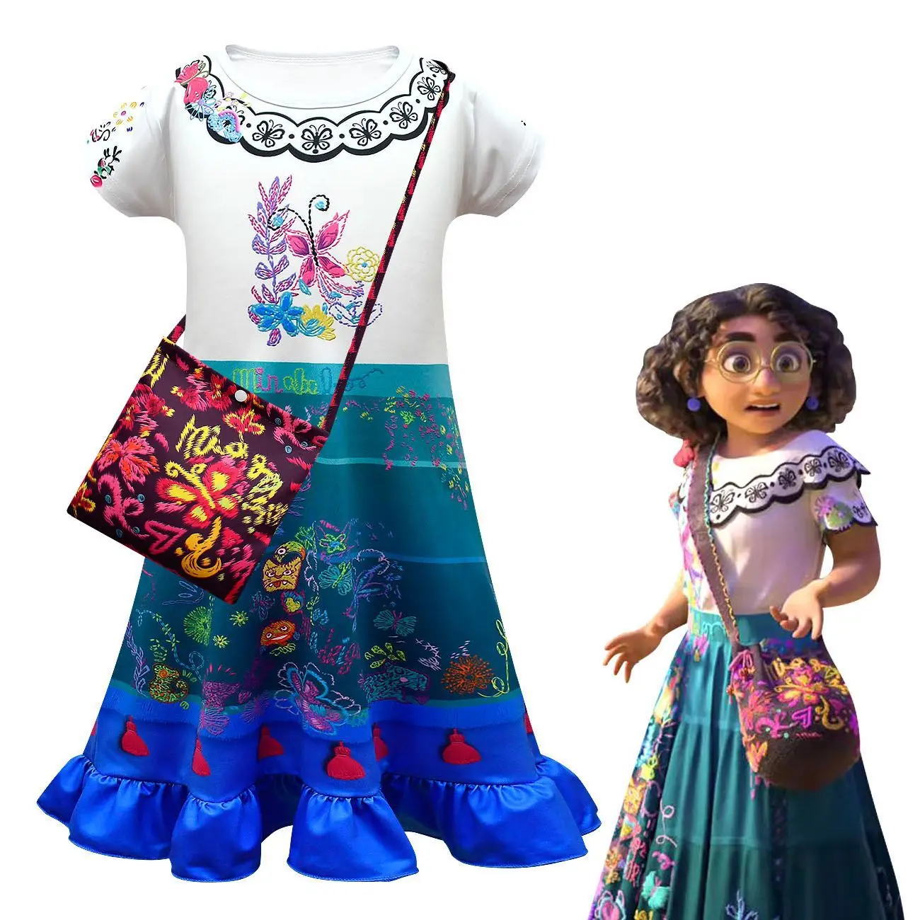 

Encanto Mirabel Madrigal Cosplay Costume Girl Dress Woman Fancy Dresses for Carnival Halloween Princess Dress Earrings glasses