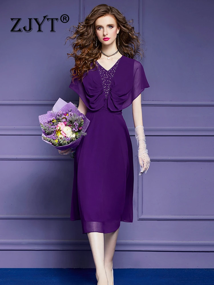 

ZJYT Summer Beading Chiffon Midi Dresses for Women Purple 2023 Designer Elegant Ruched Party Holiday Vestidos Plus Size 3XL Robe