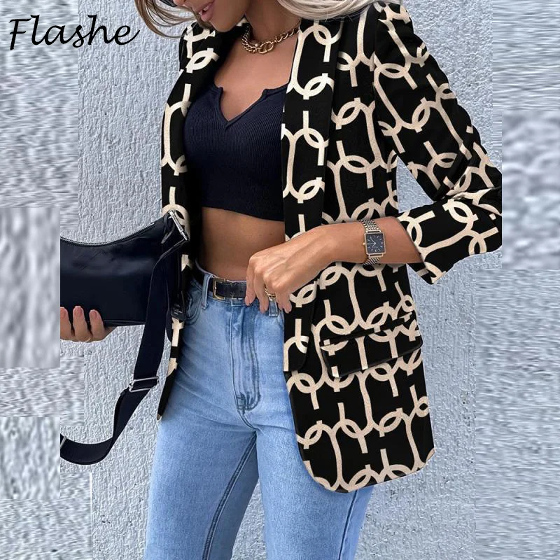 

Vintage Print Blazer Women Turn Down Collar Long Sleeve Jackets For Women Autumn Fashion Office Lady Loose Cardigan 2022
