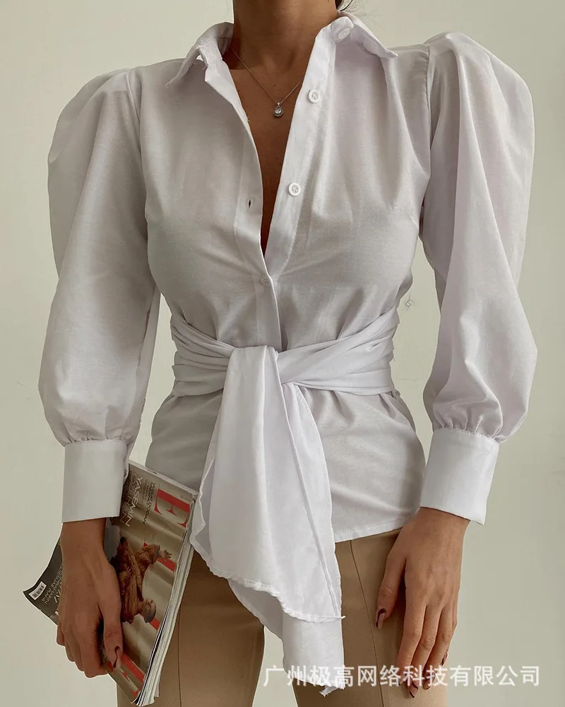 

Women's 2022 New Summer White Solid Color Lace-Up Shirt Tops Woman Tshirts