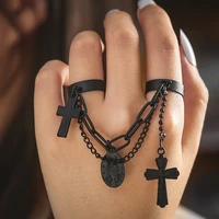 punk black cross open adjustable chain ring unisex women chain double ring gothic hiphop cross butterfly ring fashion jewelry