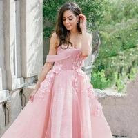 sumnus chic tea length a line lace prom dress sweetheart off shoulder straps evening dress hand made flowers party dress robe