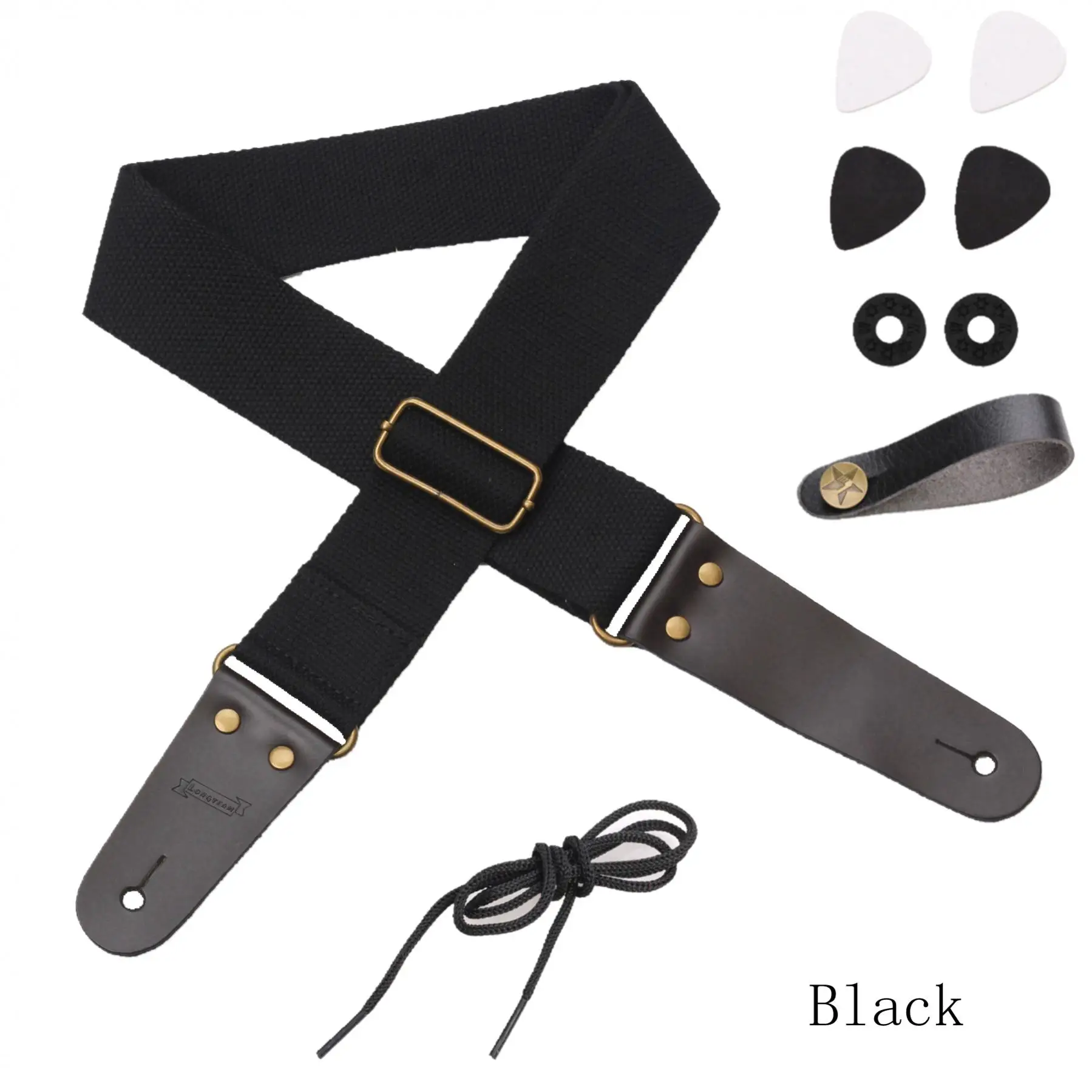 

Cotton Genuine Leather Ends Guitar Strap for Acoustic Electric Guitar Bass Belt with 1 Strap Button 2 Locks 4 Picks