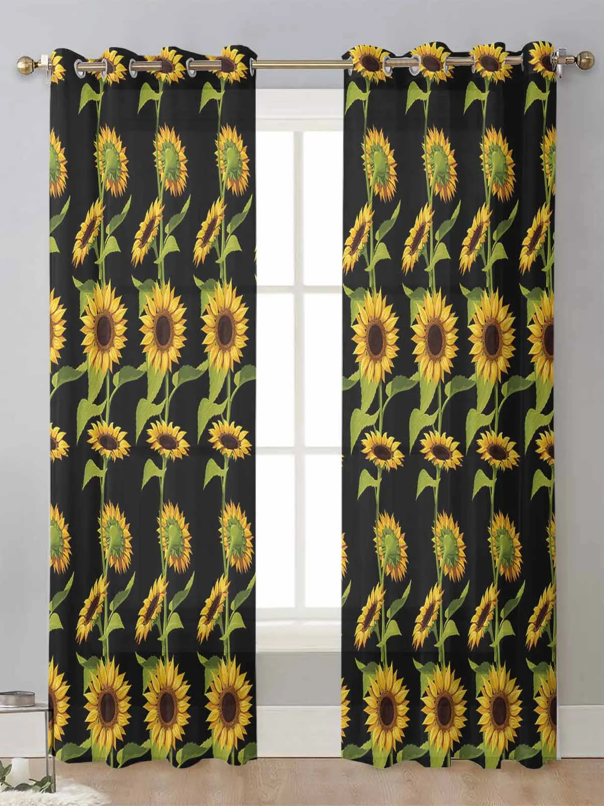 

Sunflower Texture Black Retro Sheer Curtains For Living Room Window Transparent Voile Tulle Curtain Cortinas Drapes Home Decor
