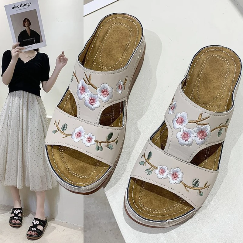босоножки женские 2021 обувь для женщин летняя Сандалии женские с вышивкой, мягкая пляжная обувь из флока с открытым носком, летние тапочки дл... фото
