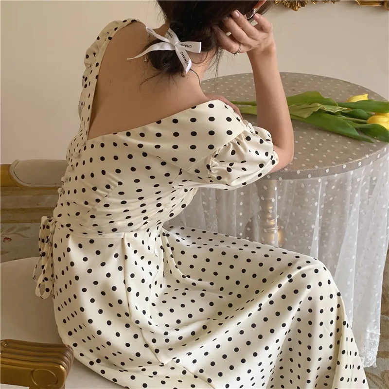 

Women French Retro High-Grade Polka Dot Lace-up Long Dress 2022 Maxi Elegant Square Collar High Waist Dress Vestido