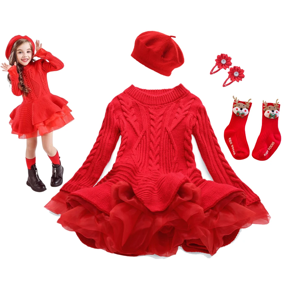 

Girls Long Sleeve Knitting Dresses Autumn Winter Warm Birthday Party Ruffle Princess Costume Kids Red Christmas Disfraz Vestido