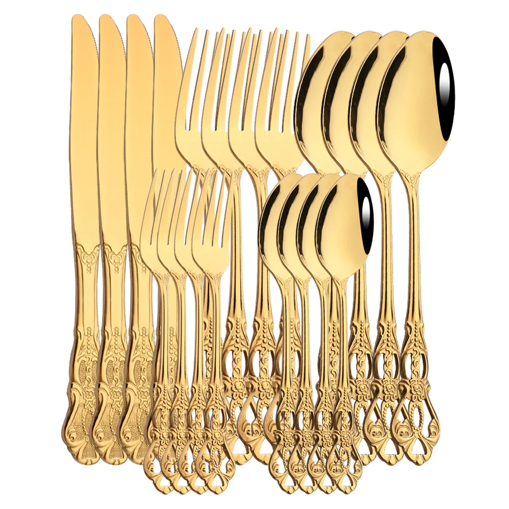 

4/20Pcs Cutlery Set Gold Dinnerware Stainless Steel Royal Spoon Forks Knives Kitchen Western Dinner Silverware Tableware Gift