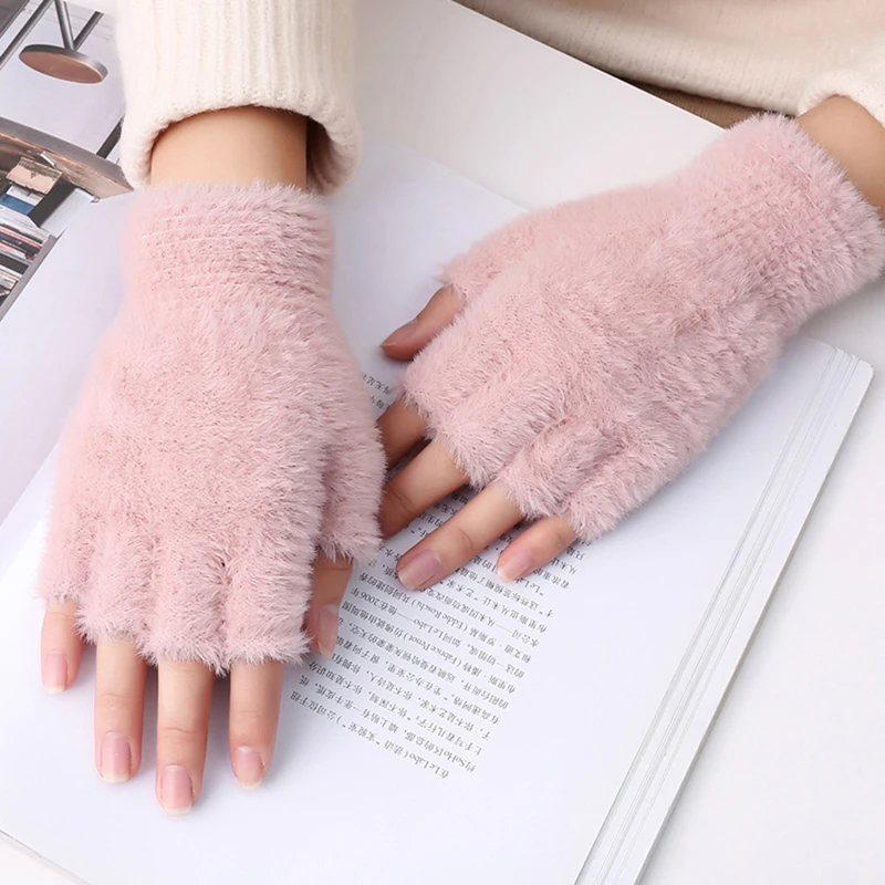 

New Imitation Mink Half Finger Gloves Fluffy Plush Fingerless Gloves Solid Color Stretchy Arm Warmers Autumn Winter Warm Mitten