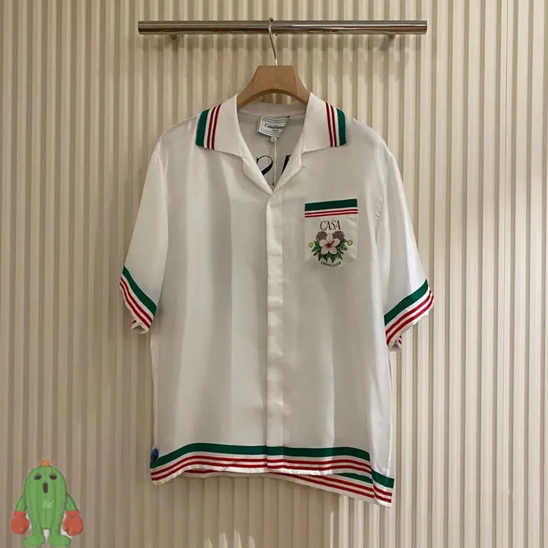 Casablanca Shirts 100% Silk Fabric Tennis Club Tennis Racket Striped Colorblock High Quality Short Sleeve Shirt