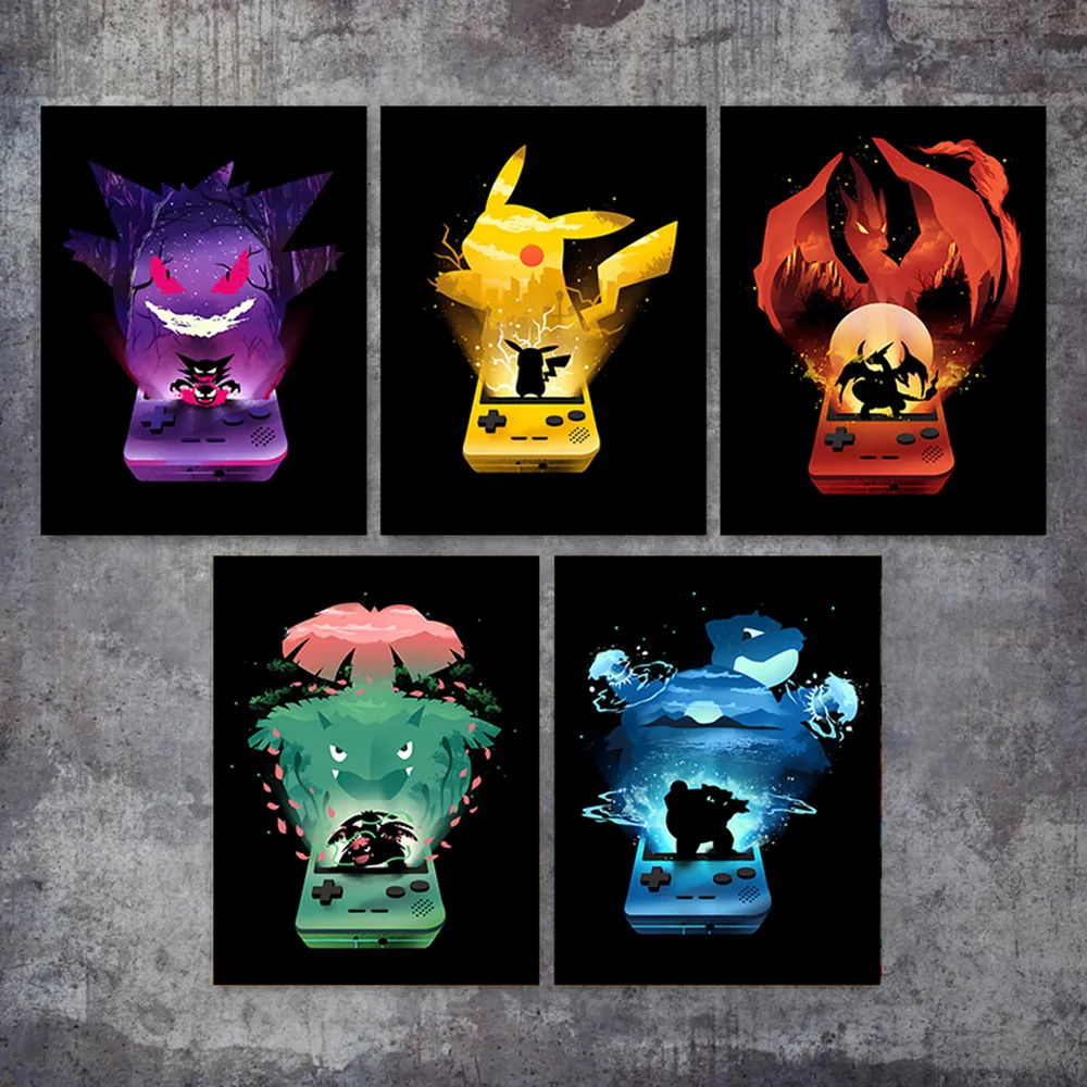 

Pokémon Anime Peripheral Poster Cartoon Pikachu Gengar Blastoise Charizard Venusaur Poster Wall Painting Kids Room Decorate Toys