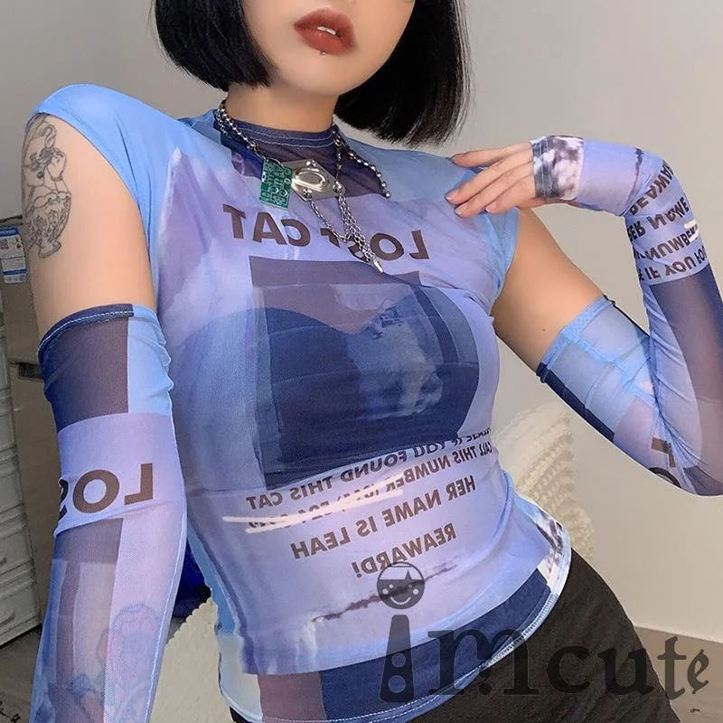 

Imcute Women Sexy Tank Tops, Letter Graphic Print Sheer Mesh Camisole with Arm Sleeves