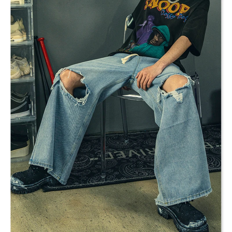 2022 spring Summer old washed ripped baggy jeans men and women hip hop Casual Streetwear tied rope loose Straight wide-leg pants