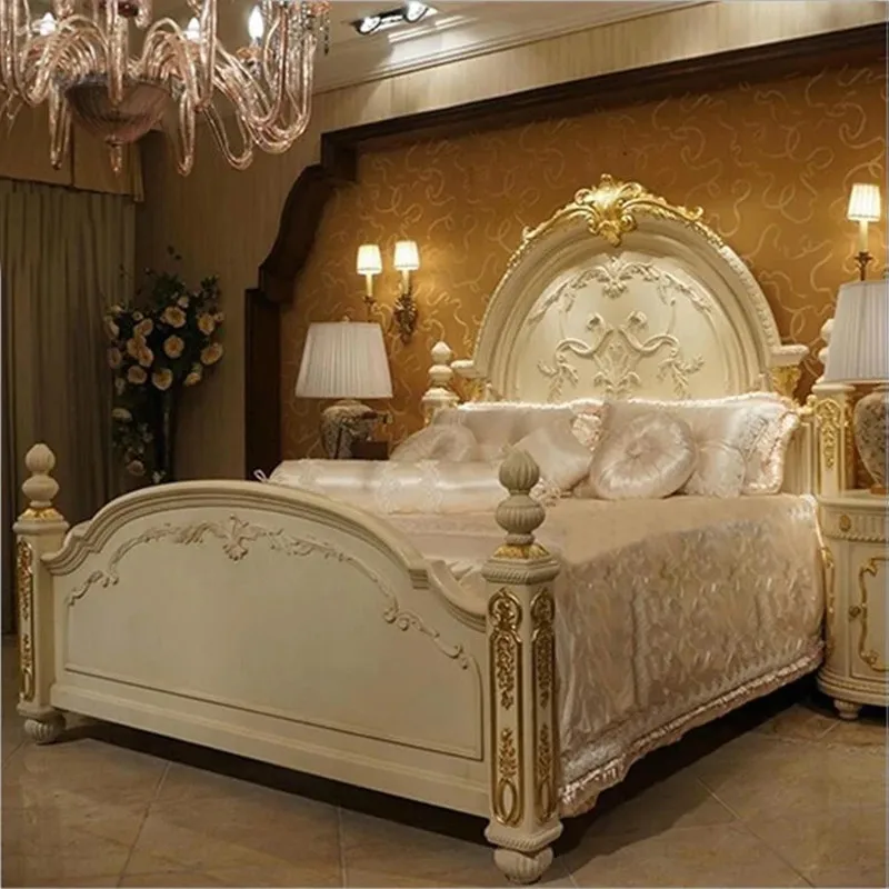 

modern european Italian solid wood genuine leather bed Fashion Carved luxurious french bedroom set furniture king size xlf01