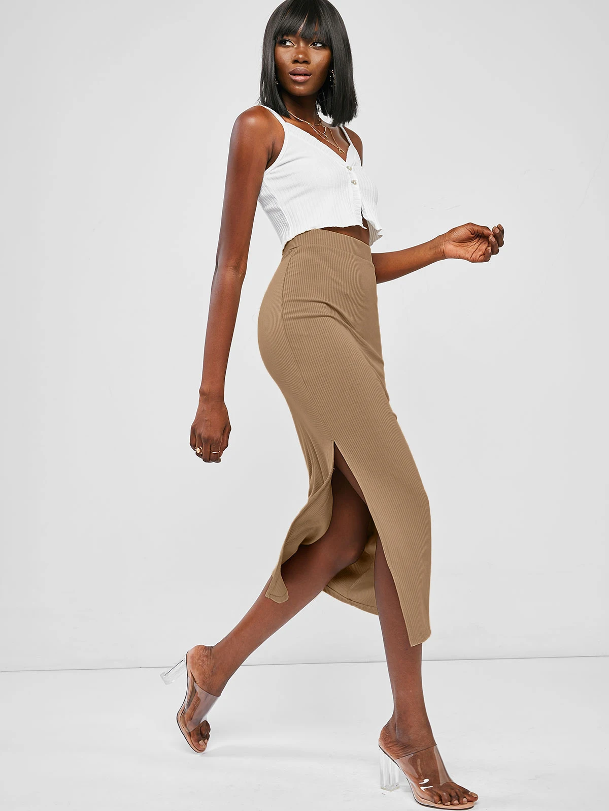 

ZAFUL Ribbed Split Side Maxi Skirt Women Basic Long Skirt