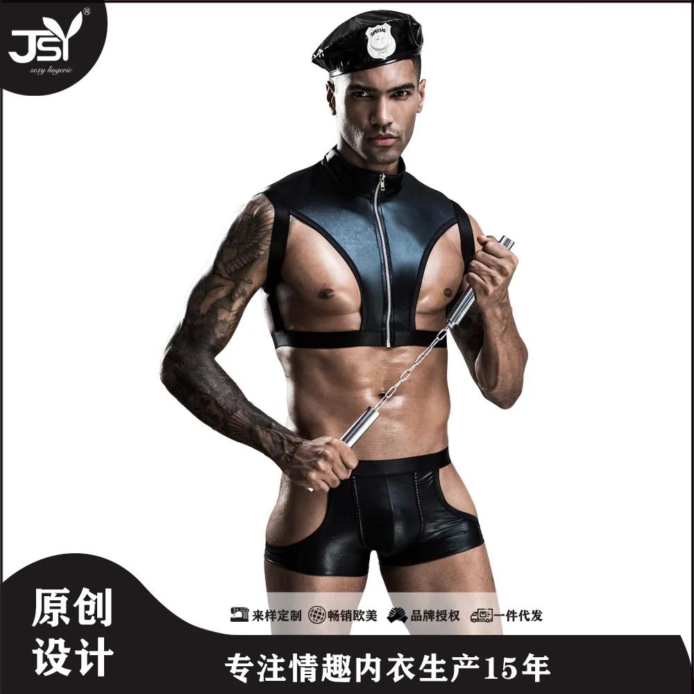 

Комплект кожаной полицейской формы соблазнительное Мужское эротическое белье эротическое нижнее белье одежда для ночного клуба бара геев ...