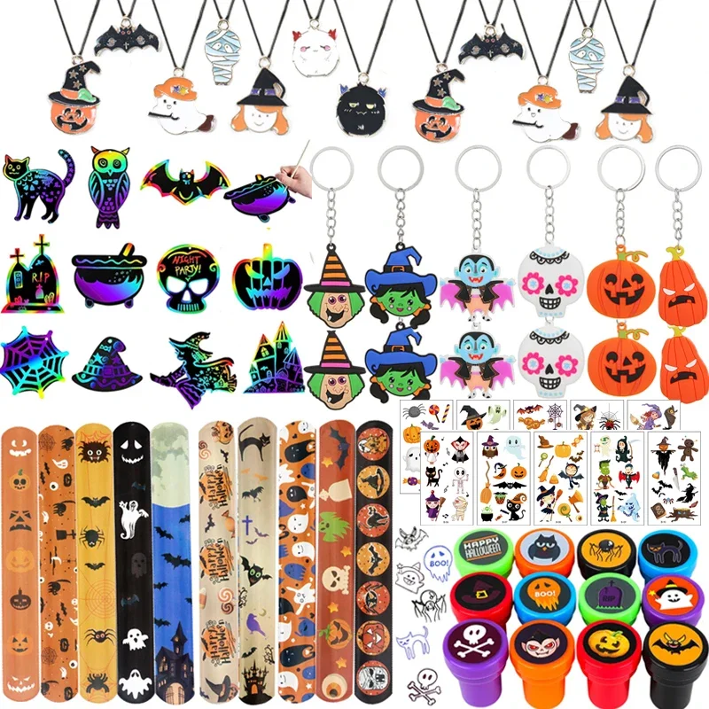 

72pcs Halloween Party gift Kids Stamps Slap Bracelets Keychains Tattoos Stickers Trick or Treat Goodie Bag Stuffers Favors