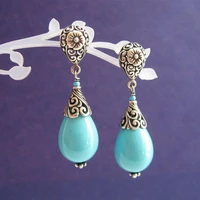 vintage metal hand carved flower pattern earrings women water drop earrings