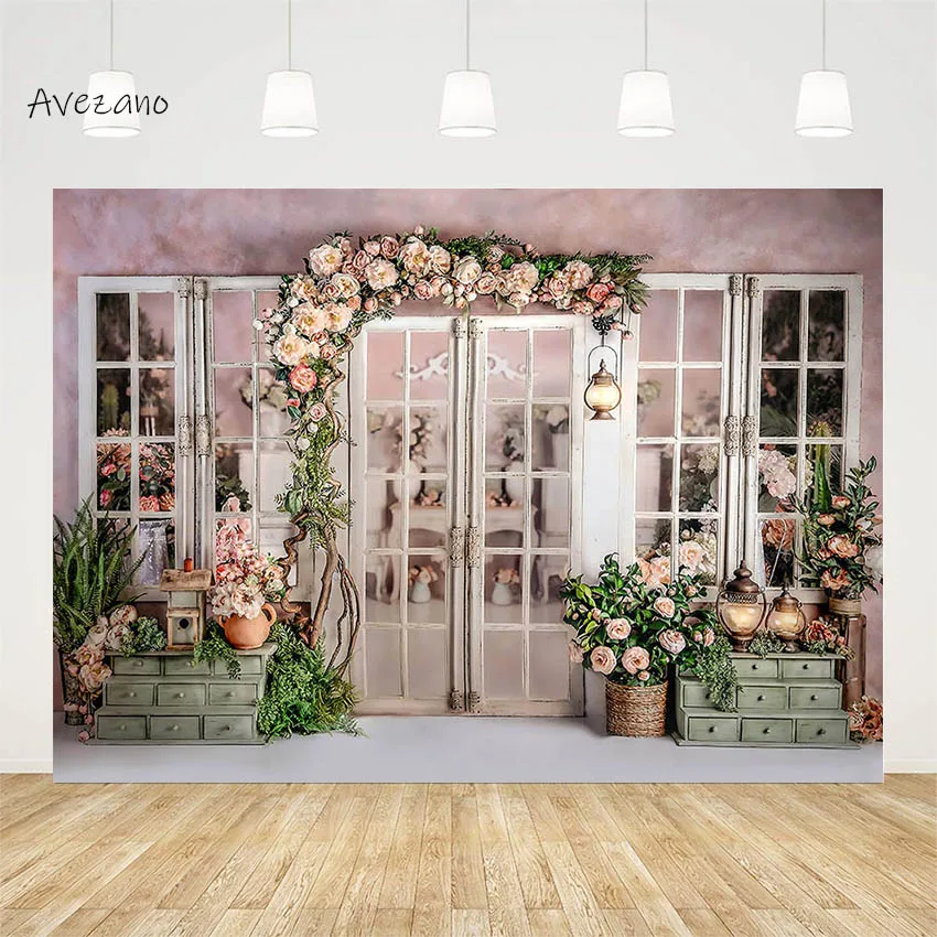 

Avezano Spring Photography Background Pink Flower Shop Retro Light Girl Birthday Portrait Backdrop Photo Studio Photozone Decor