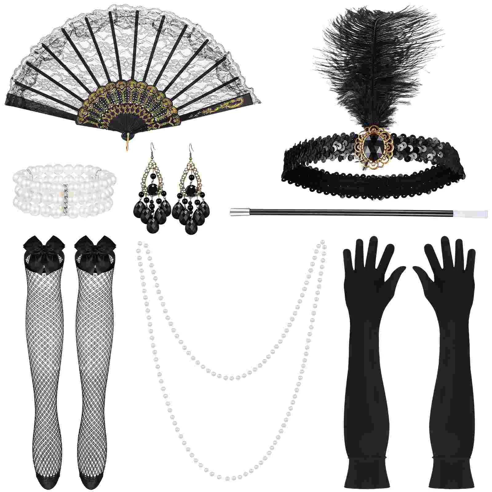 

Pearl Drop Earrings Women Prom Suit 1920s Party Accessories Lace Folding Fan Headgear Dangle Long Stem Pipe Miss