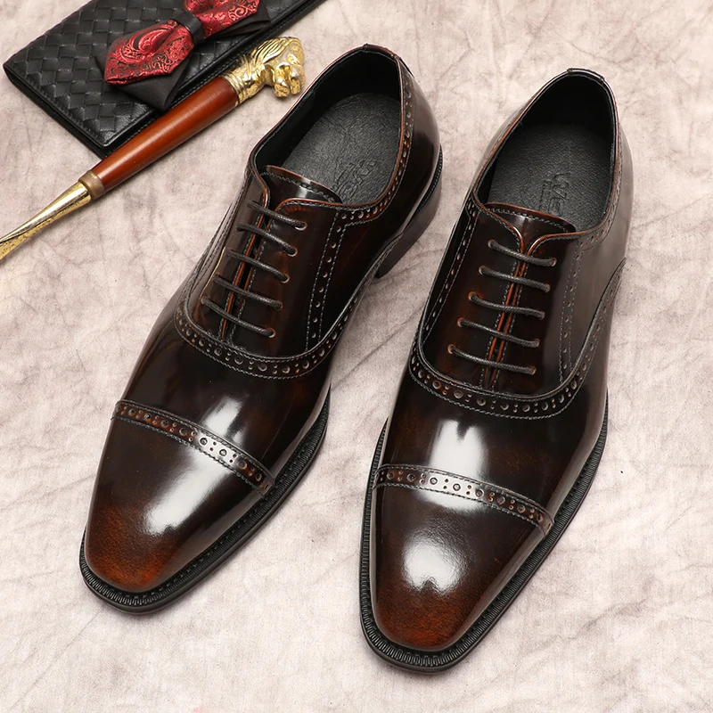 

Туфли-оксфорды мужские из натуральной кожи, роскошные классические, на шнуровке, Повседневная Формальная деловая обувь, итальянские, коричневые, черные