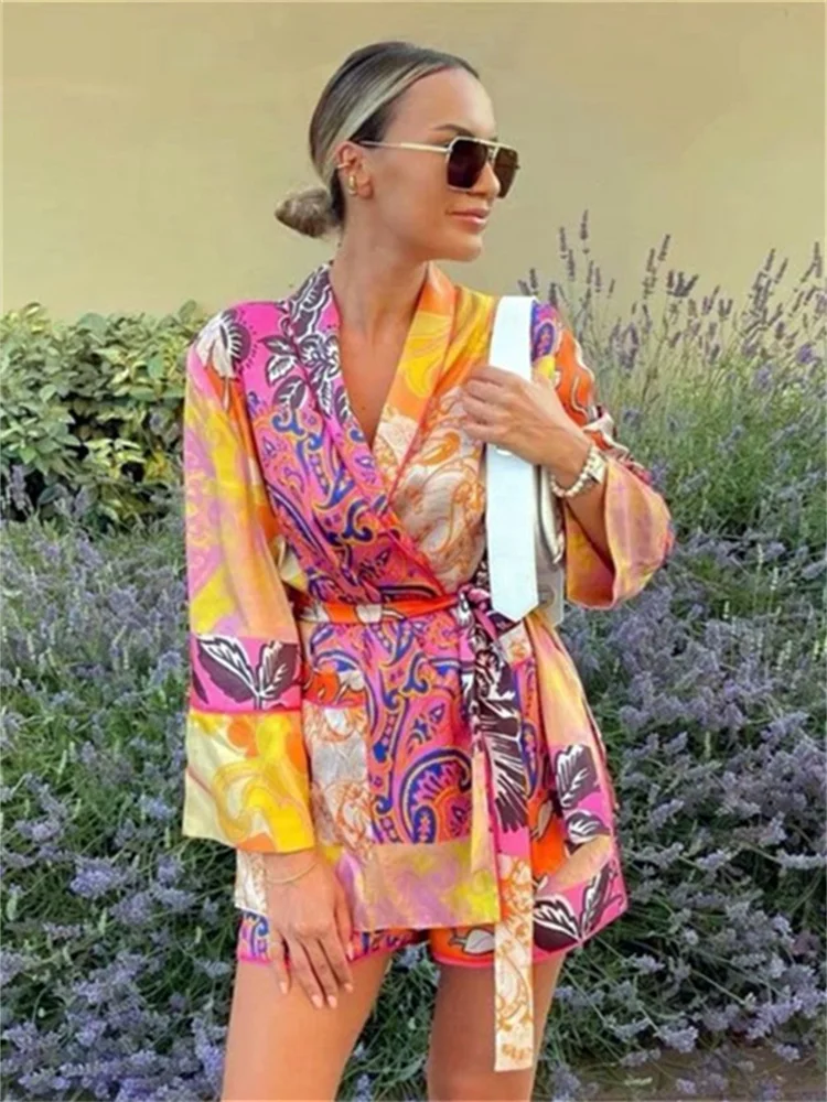 

Fashion Casual Printed Women Long Blouse With Belt Loose Shirt High Waist Kimono Summer Shorts 2 Pieces Optional Set Streetwear