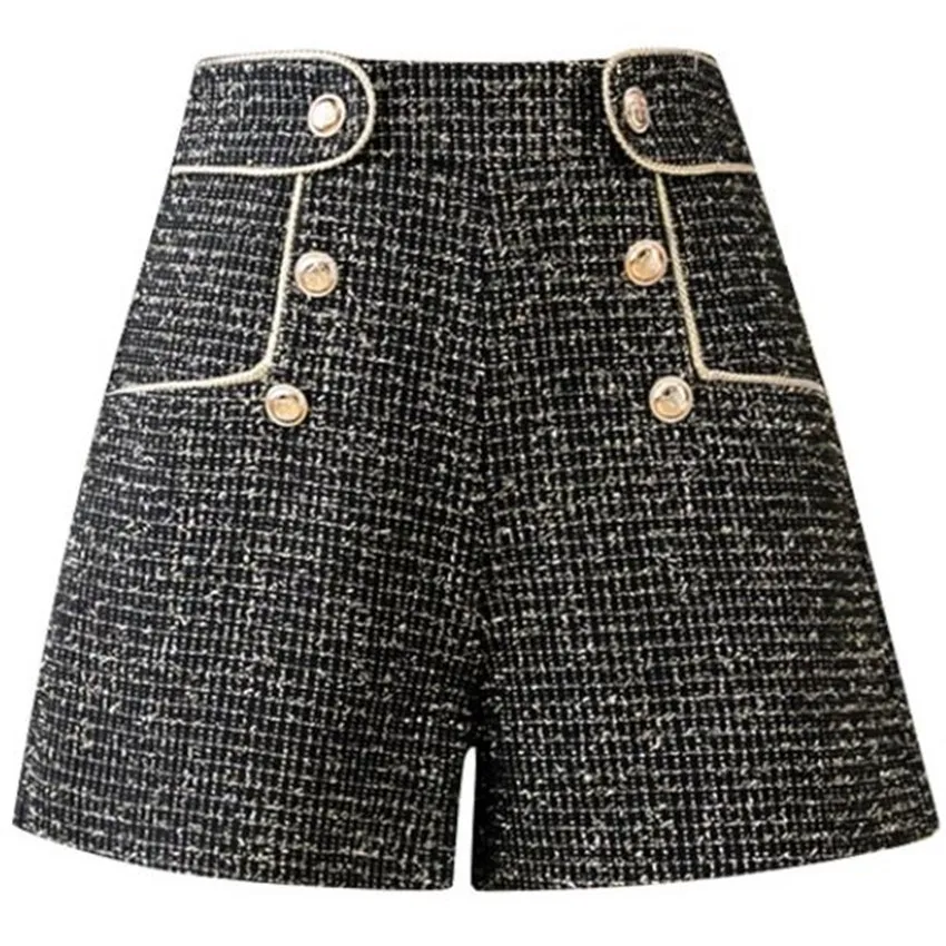 Fashion Small Fragrance Tweed Wool Shorts Women Double Breasted High Waist Wide leg Autumn Winter