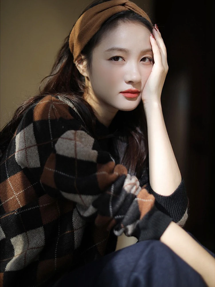 

Retro Brown Coffee Women Pullover Knitted Tone Rhombus Grid Rich Full Style O Neck Long Sleeve Sweater Y2k Clothes Harajuku 2022