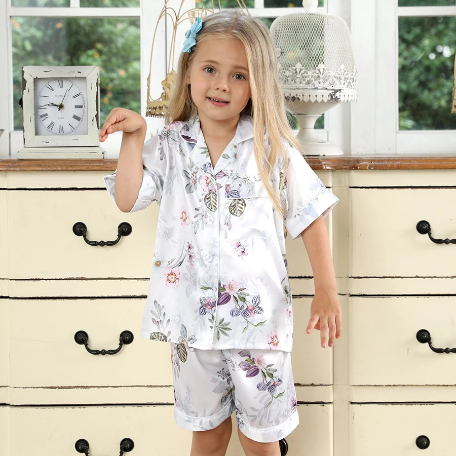 2022 Floral Pajamas Sets Silk Satin Flower Girl Pajama Spring Autumn Short-sleeve Cardigan Set Fashion Ice Silk Home Clothing