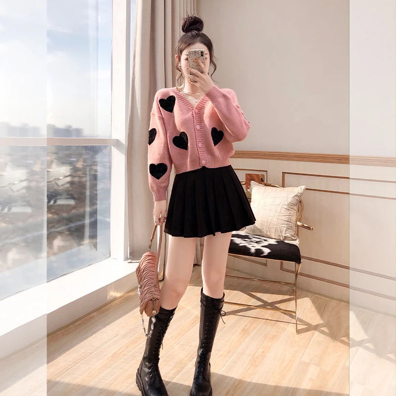 Укороченный кардиган в форме сердца свободный розовый вязаный свитер с длинным
