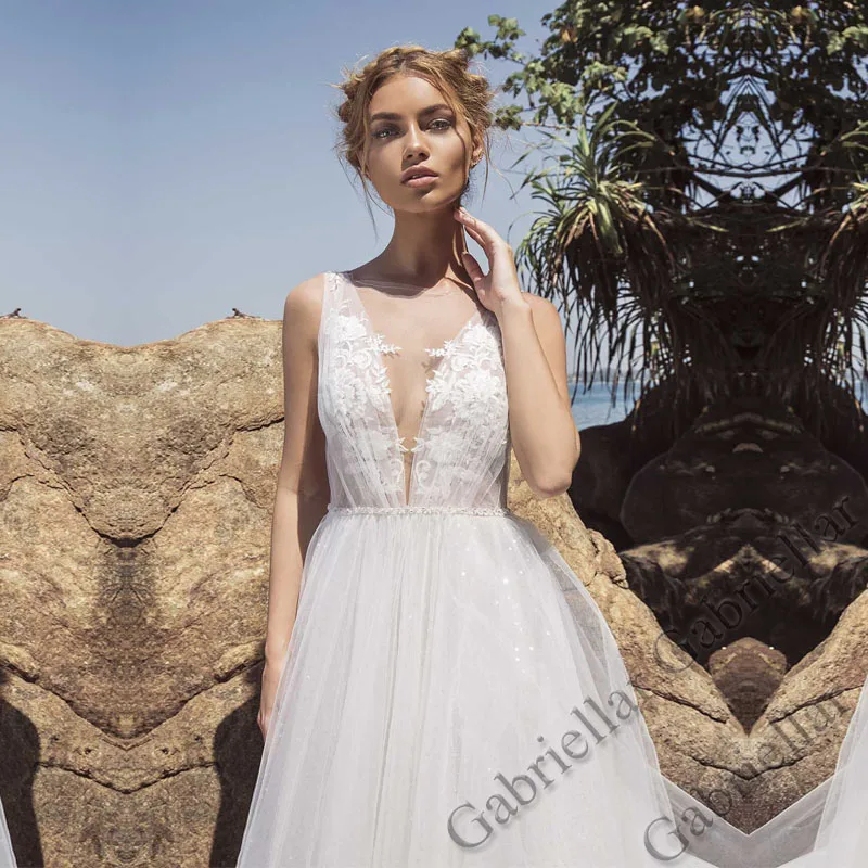 

Gabriellar SCOOP Wedding Dress Aline Backless Glitter Exquisite Sleeveless Appliques Mopping Gown Vestido De Novia 2022 Women