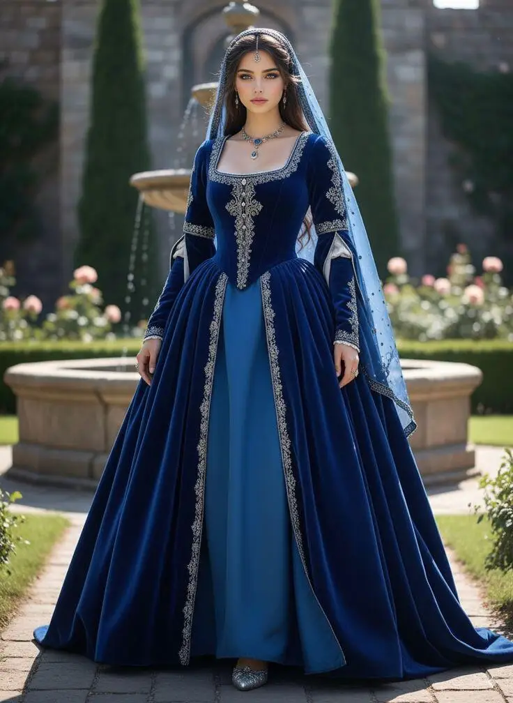 Фото Средневековое синее бальное платье Tudor Royal Renaissance, платье для выпускного вечера королевы Елизаветы, бархатное платье Мэри Болейн для косплея длиной до пола №1