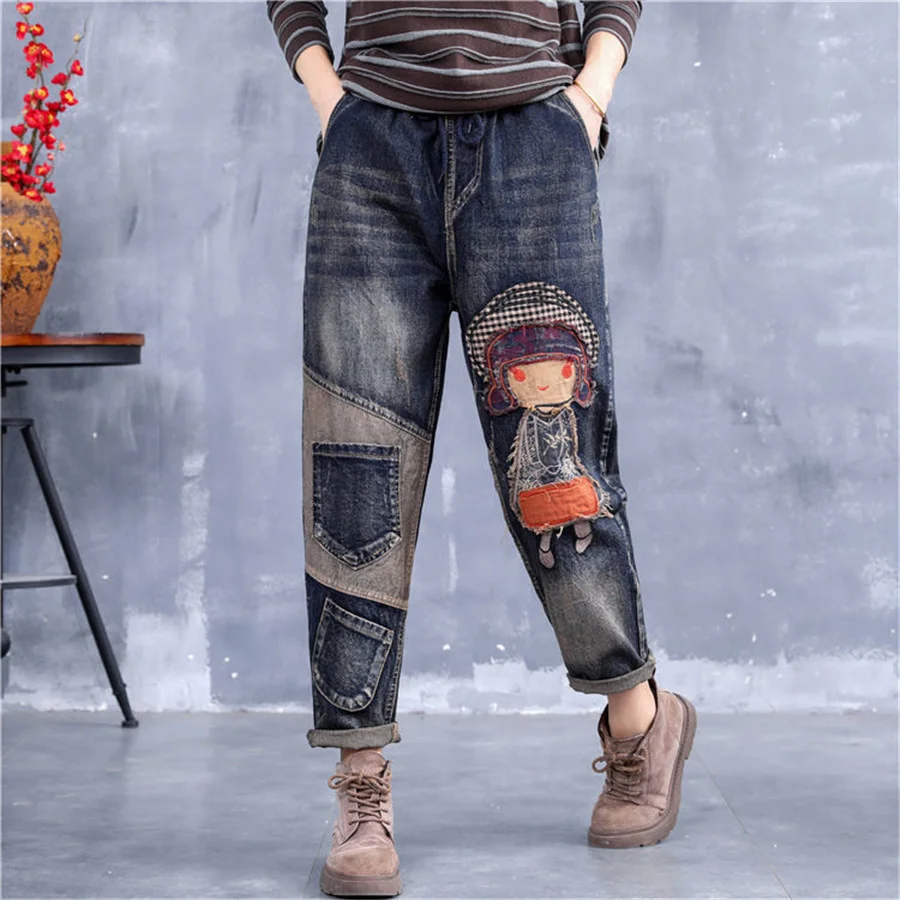 

Hot jeans,2023 Oversized 5xl Embroided Cartoon Harem Jeans Spliced Ankle-Length Pants Women Vintage Denim Trousers Baggy Korean