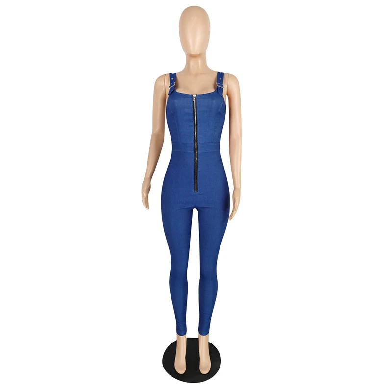 Summer New Chic Zippers Front Straps Dark Wash Denim Jumpsuit Fashion Sexy Bodycon Jeans Romper Long Pants Overalls Clubwears