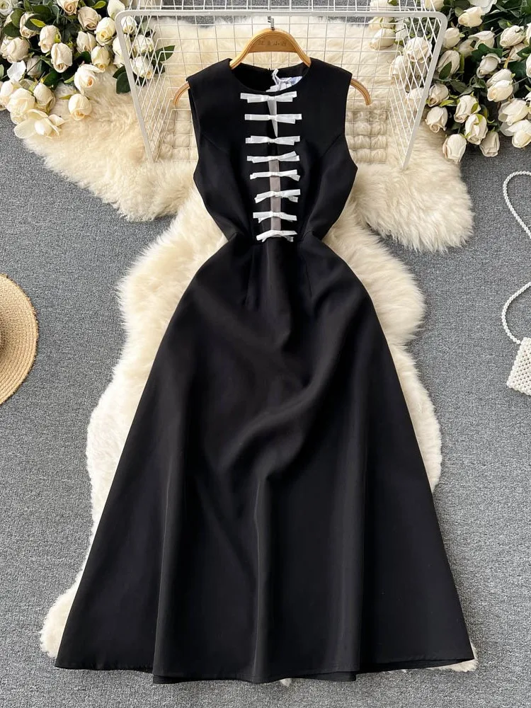 

Women Elegant Black Bow Evening Party Dress Summer Sleeveless O Neck Pocket French Style A Line Long Dresses Female Clothing