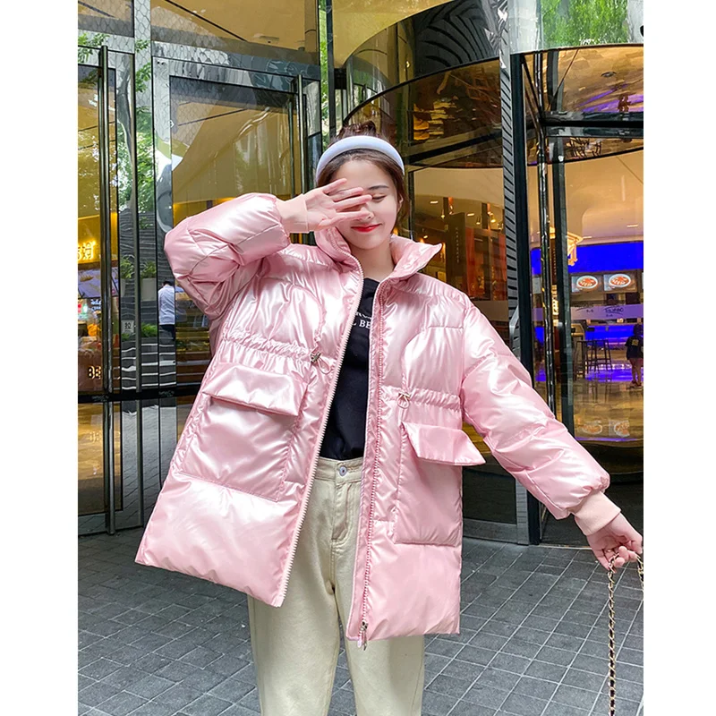 

Розовый теплый пуховик, ленивая ветровка, корейская мода, мешковатое водонепроницаемое пальто с карманами, повседневная женская зимняя дутая ткань