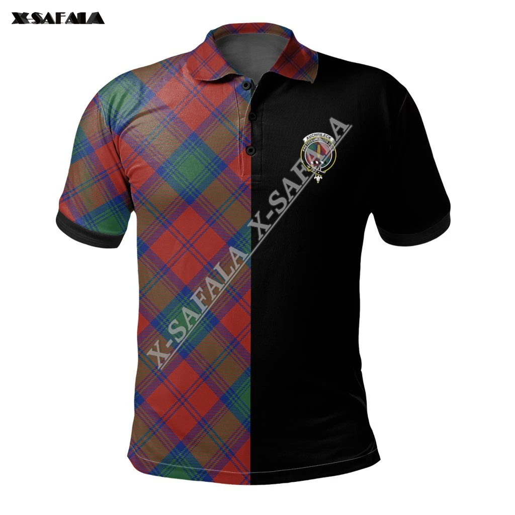 

Scotland Clan Tartan Half Of Me 3D Print Slim High Class Auchinleck Polo Shirt Men Collar Short Sleeve StreetWear Casual Top Tee