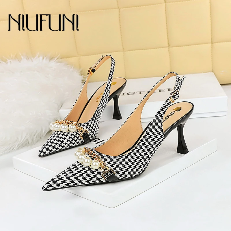 

ZOOKERLIN High Heels Women Shoes Plaid Fabric Party Ladies Shoes Pointed Buckle Pearl Metal Chain Women's Pumps Stiletto Summer