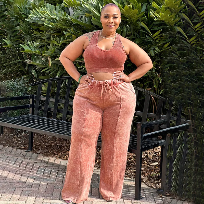 

Plus Size Casual Two Piece Set Tank Crop Top Wide Leg Pants 2 Pieces Set Streetwear Fashion Tracksuit Summer Women Clothes 2023