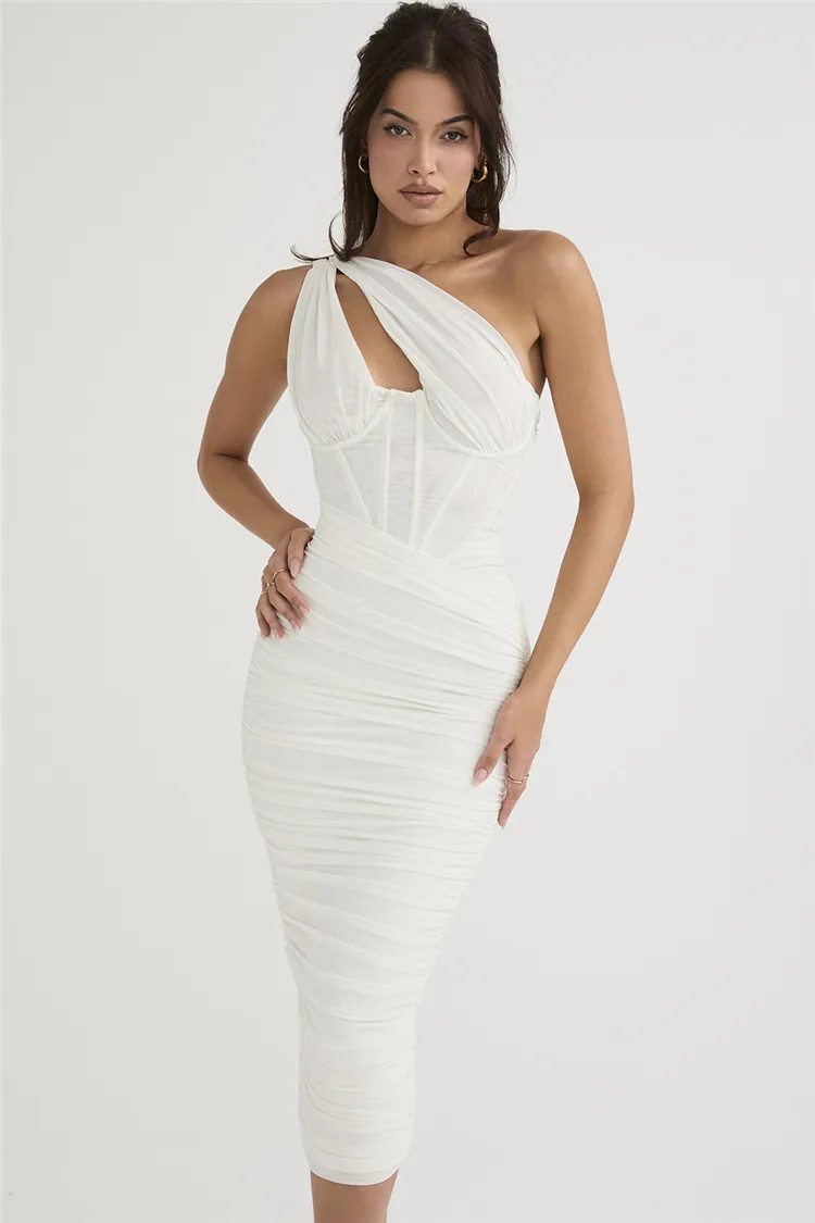 

Solid Women's Gauze Diagonal Shoulder Goth Chic Maxi Dress Women Sexy Sleeveless Wrinkle Bodycon Dress Party Clubwear Fishbone