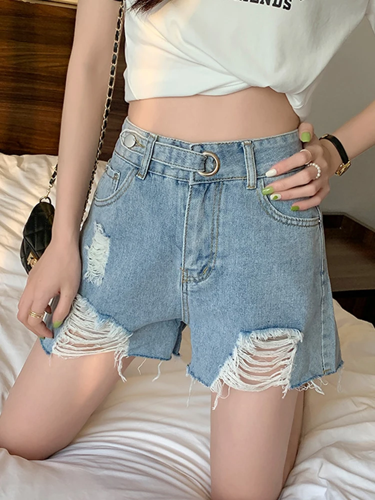 New Streetwear Women High Waist Loose Hole Frayed Blue Denim Shorts Spring Summer Female Wide Leg Button Jeans Shorts