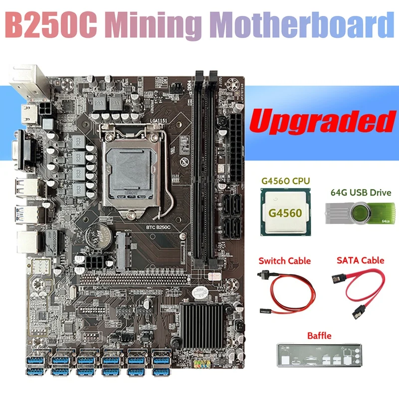B250C BTC Miner Motherboard+G4560 CPU+64G USB Drive+Baffle+SATA Cable+Switch Cable 12 USB3.0 DDR4 LGA1151 For ETH