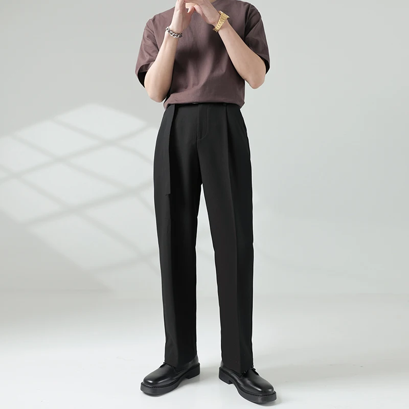 Брюки шикарные повседневные брюки платье с высокими брюками Мужская Уличная одежда офисные корейские мужские свободные Качественные прямые модные с поясом